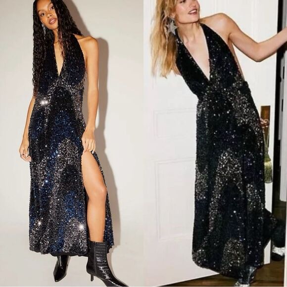 NWT Free People Glitter Blue and Black Sequin Velvet Halter Maxi Slit Gown - Picture 1 of 5